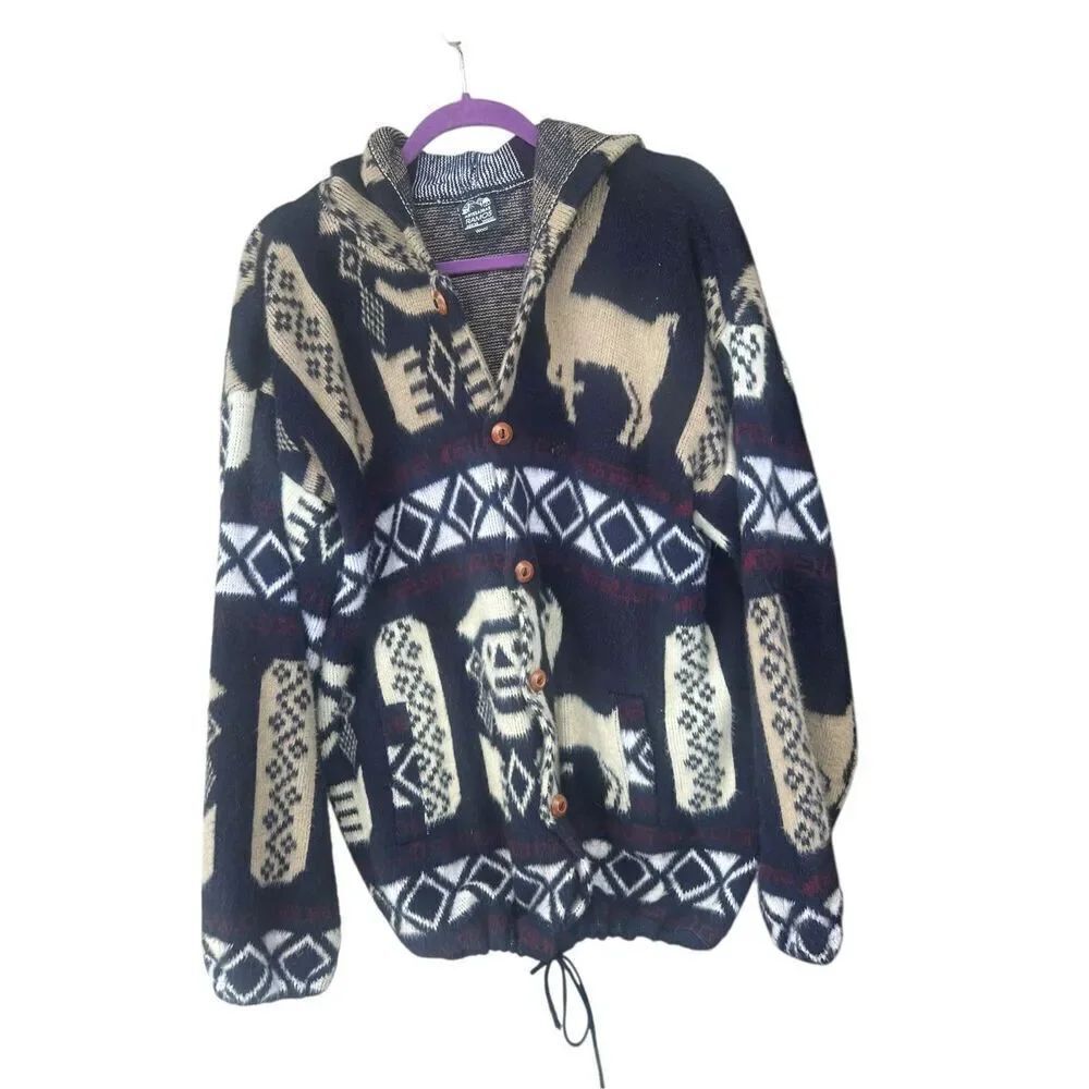ARTESANIAS RAMOS unisex Cardigan Button Front Sweater L/XL blue White 100% Wool